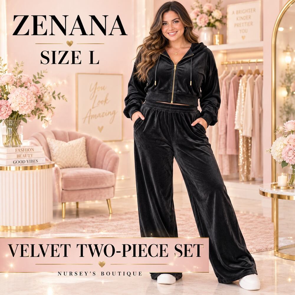 Zenana Black Velvet Velour Hoodie Wide Leg Pants Set Size L New